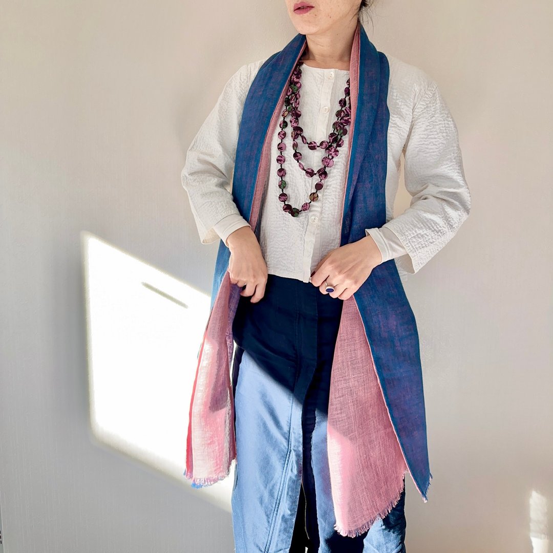 靛蓝与红花 亚麻草木手染双色长围巾 - 围巾/披肩 - 棉 蓝色