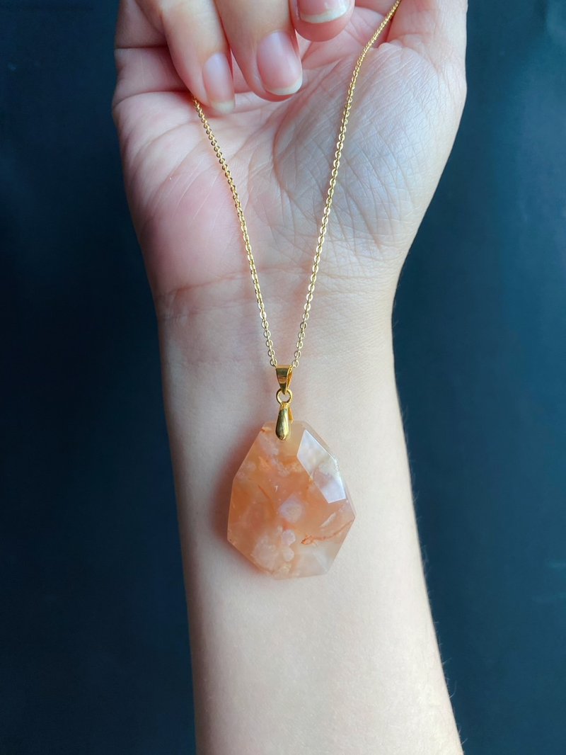 孤品 樱花玛瑙 超美 钻石 水中花 项链 闺密 天然石 - 项链 - 水晶 橘色