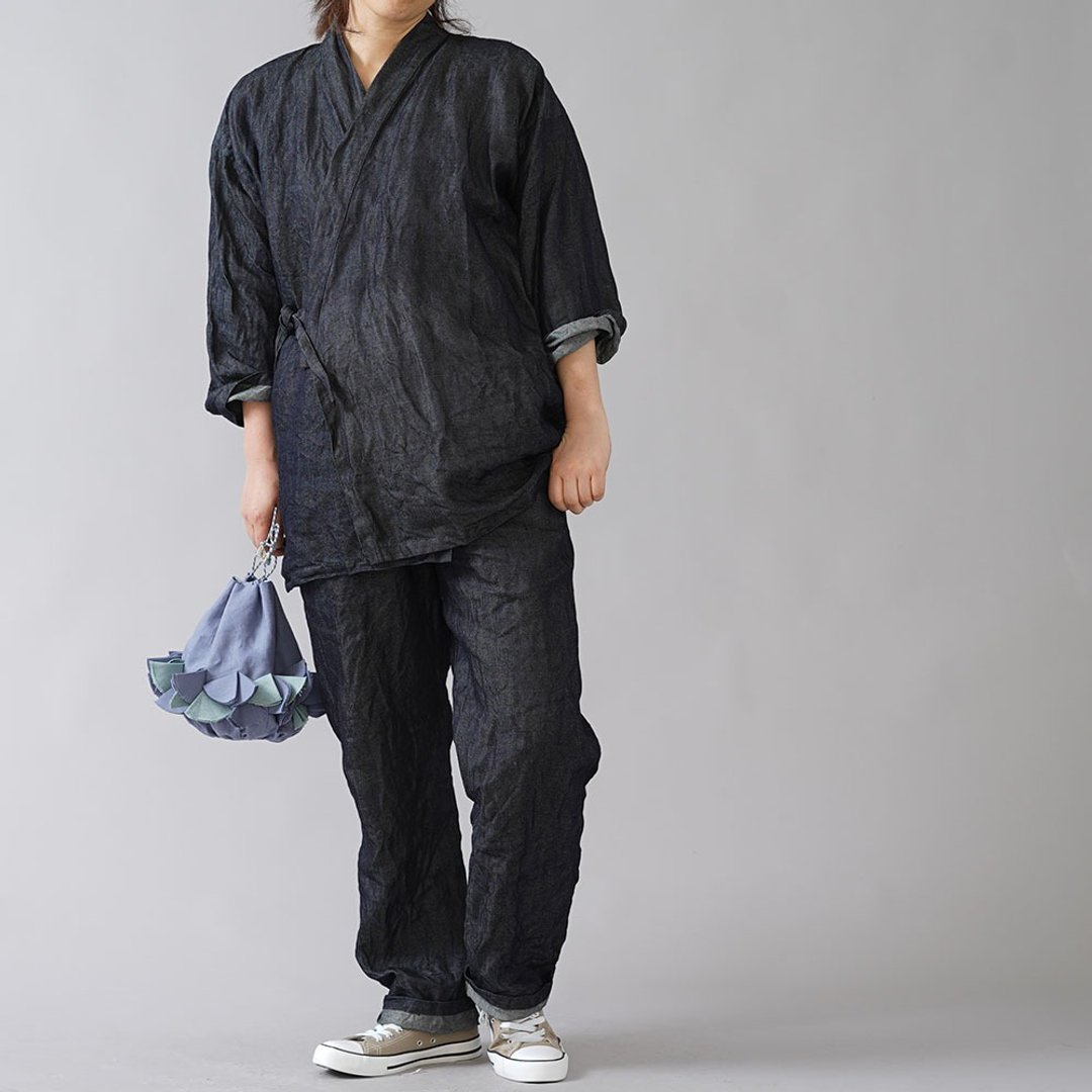 wafu --Flax cowboy Japanese style Samue Linen Denim Samue Set Top &amp; Pants / Dark Indigo r008k-din3 - 居家服/睡衣 - 亚麻 黑色