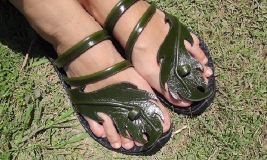 Women Leather Sandals, Men Leather Sandals  〚Kookaburra leaf design〛 - 男女凉鞋 - 纸 绿色