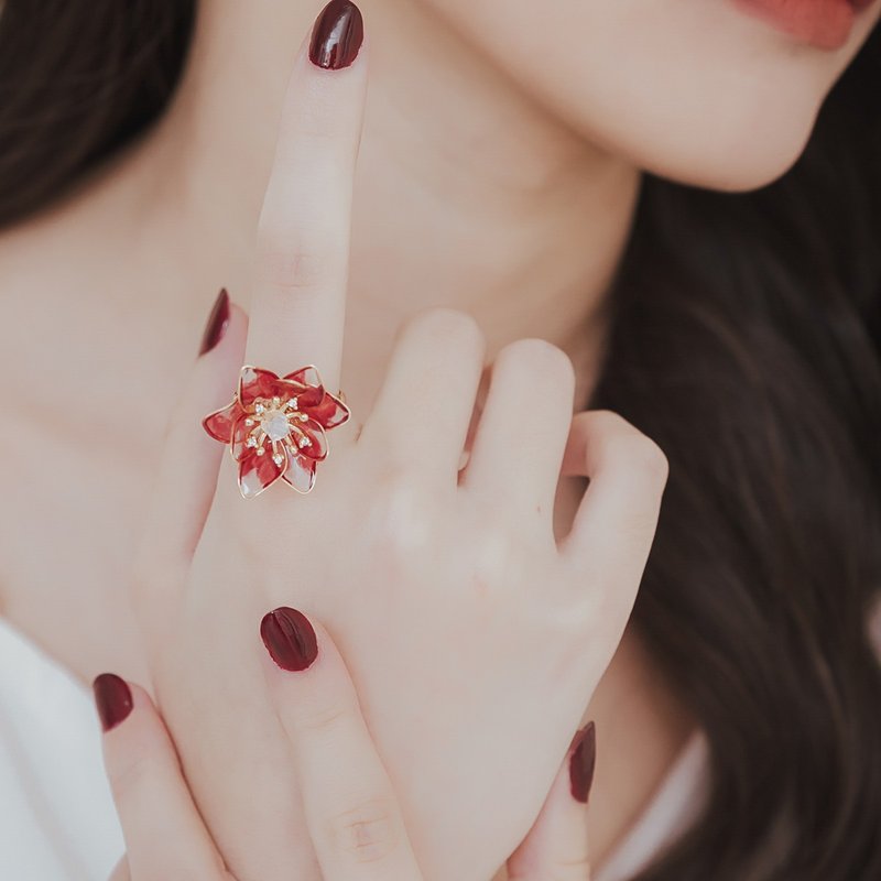 【华丽大理花-深邃红】14K包金可调戒围戒指 | 水晶花饰品 - 戒指 - 贵金属 红色