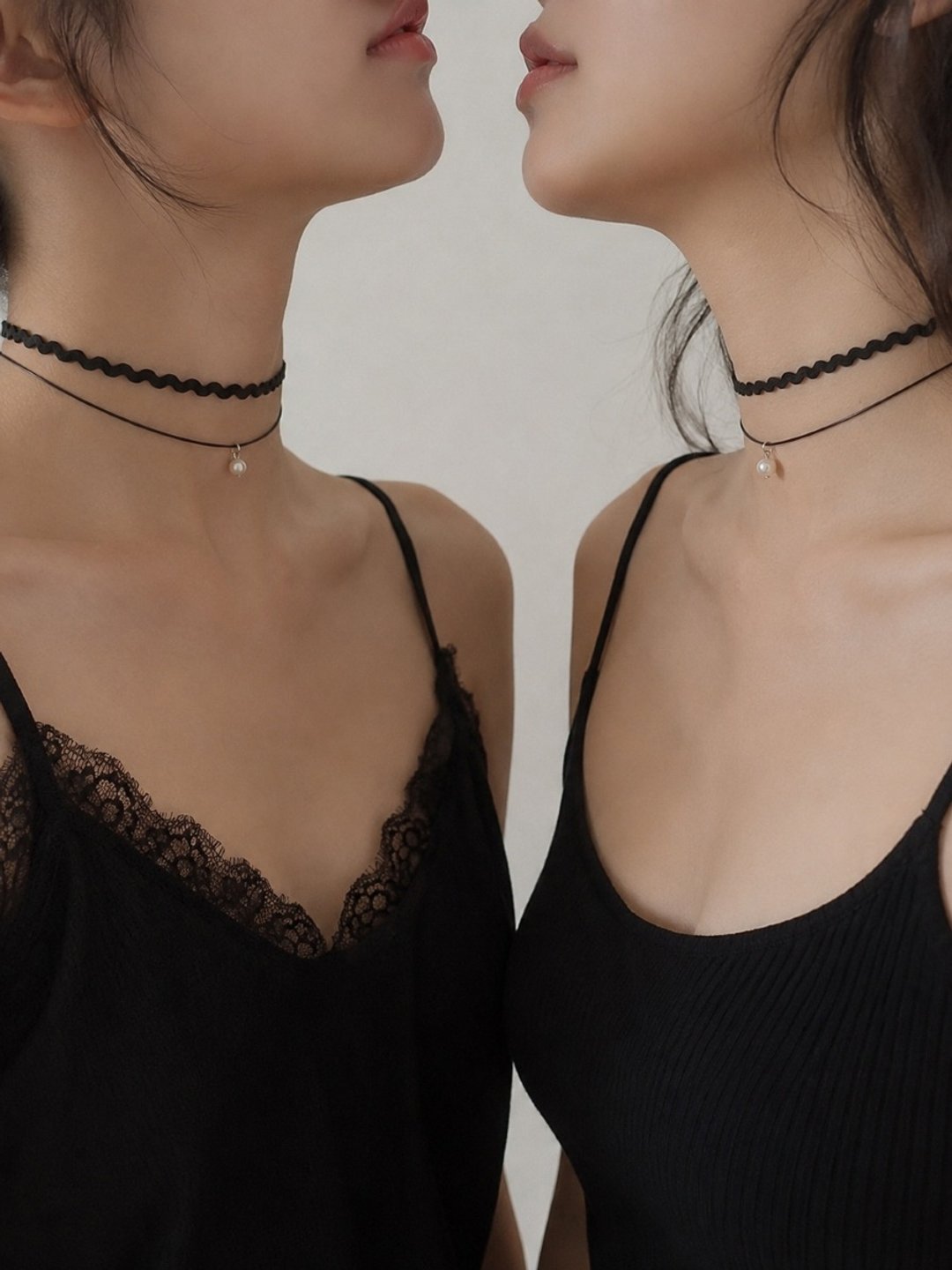 珍珠波浪双层 CHOKER 合金/纯银 - 颈链 - 珍珠 白色