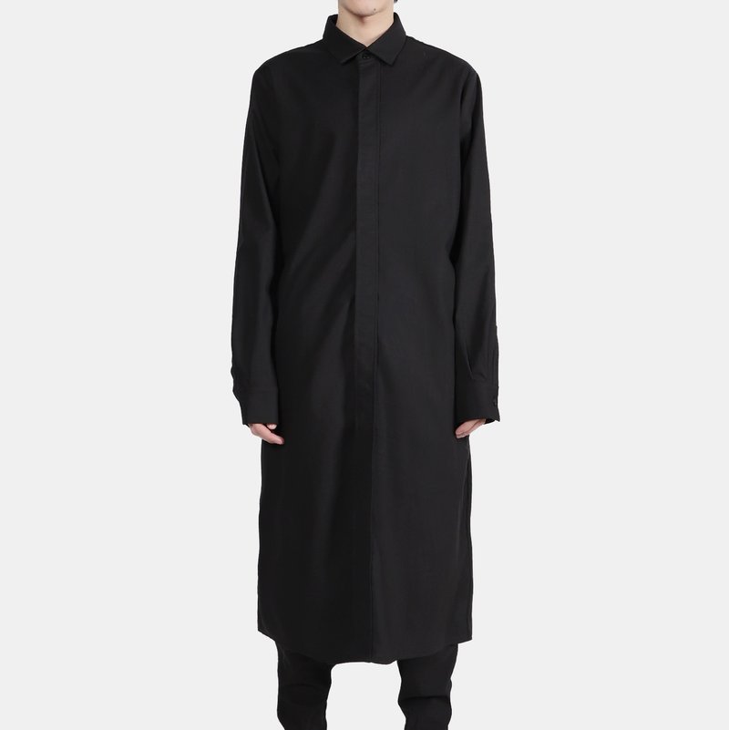 棉麻暗扣长版衬衫 - 男装衬衫 - 棉．麻 黑色