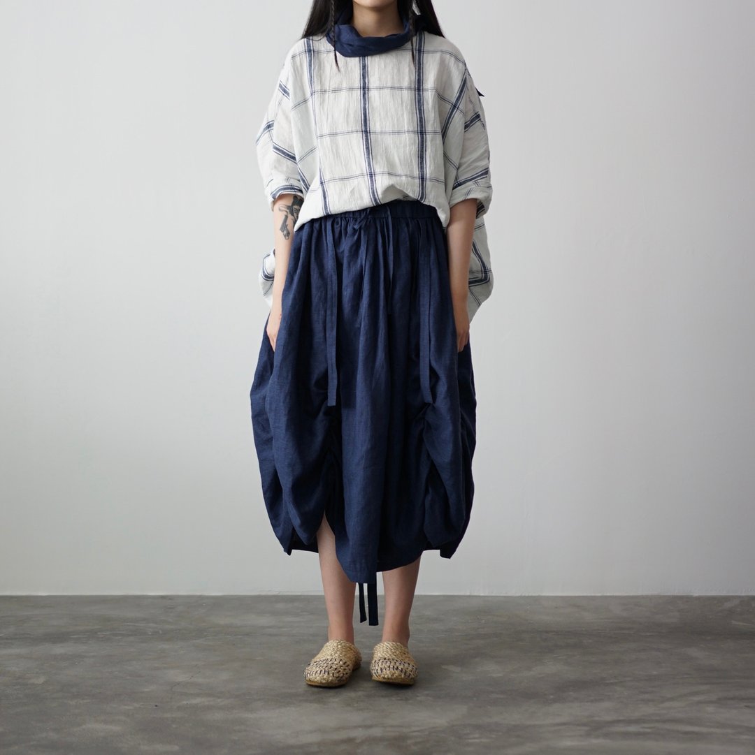 Windowpane Check Top - 女装上衣 - 棉．麻 蓝色