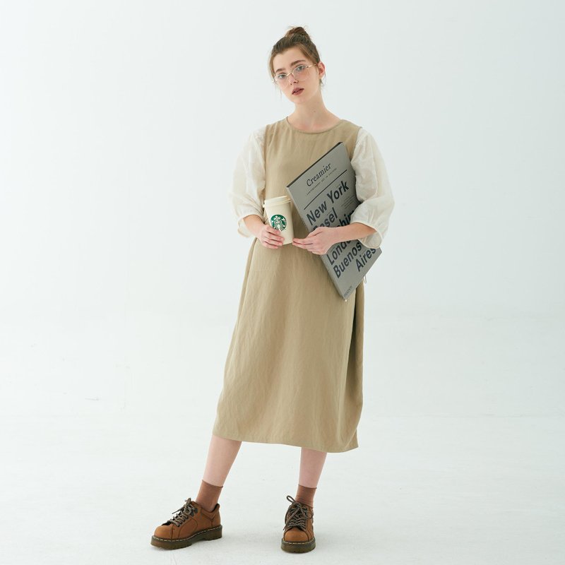 秋冬|奶茶色|卡其|背心裙舒適寬鬆杏色U型洋裝優雅連衣裙子 - 女装休闲/机能外套 - 棉．麻 卡其色