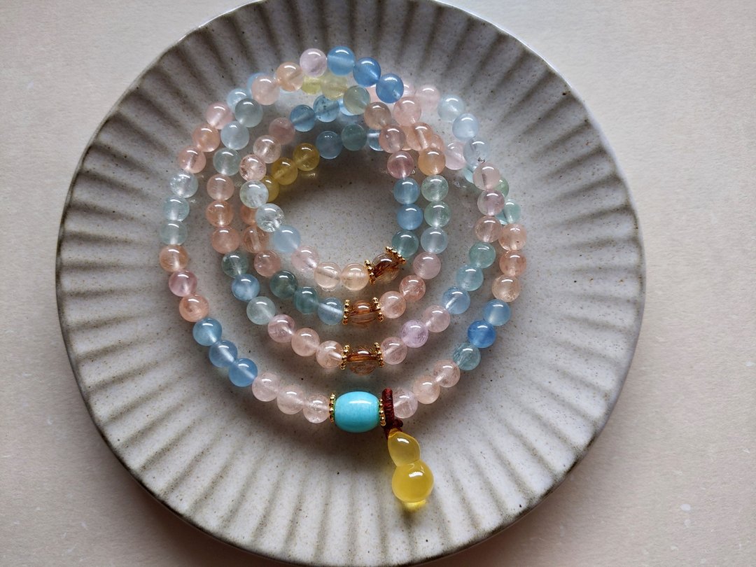 ORLI Jewelry 天然摩根石108颗念珠 摩根石多圈手链 蜜蜡葫芦 - 手链/手环 - 宝石 粉红色