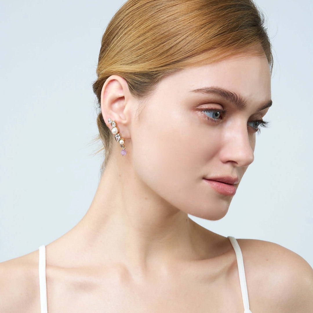 Feuille Kunzite Pearl Earring - 耳环/耳夹 - 珍珠 金色