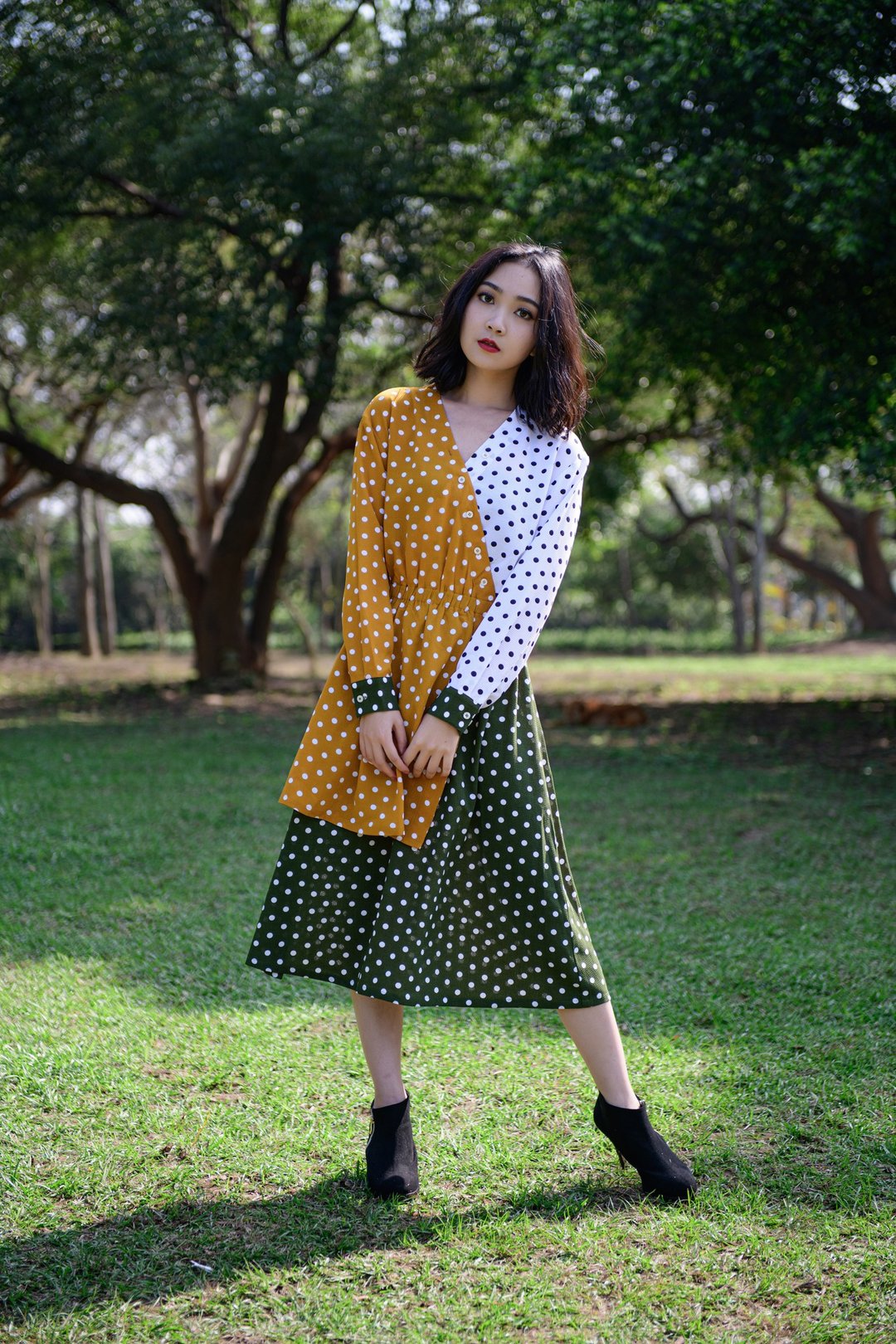 跃动 拼接圆点洋装Colorful Polka Dot Dress - 洋装/连衣裙 - 聚酯纤维 黄色