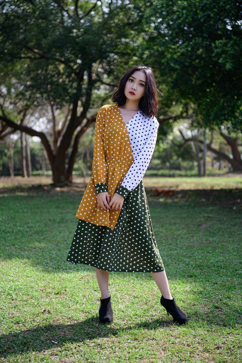 跃动 拼接圆点洋装Colorful Polka Dot Dress - 洋装/连衣裙 - 聚酯纤维 黄色