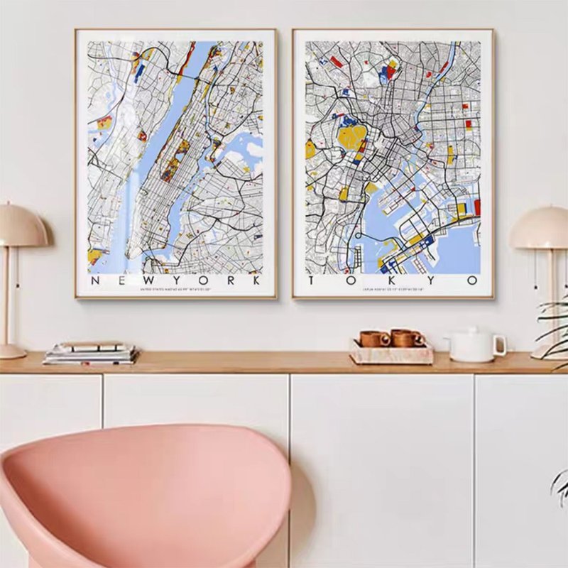 个人专属订制 蒙德里安风格城市地图画都市几何 - 海报/装饰画/版画 - 防水材质 卡其色