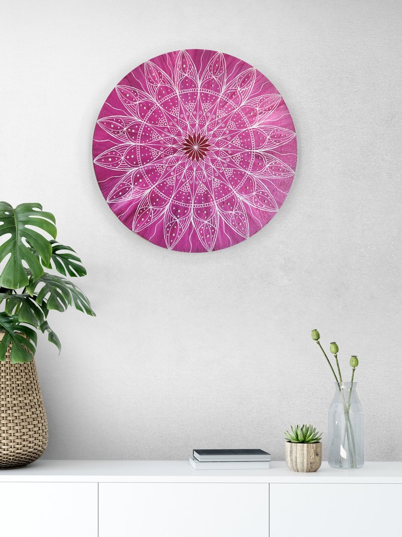 Pink mandala painting Meditation ethnic wall decor Symmetrical pattern art - 墙贴/壁贴 - 压克力 粉红色