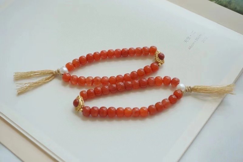 6mm天然原矿南红 南红古法银配件珍珠流苏设计多单手持手串s - 手链/手环 - 半宝石 红色