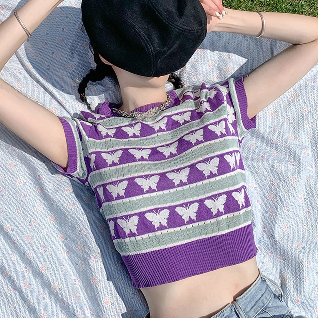 ziziFei |夏季香芋紫色薄款针织t恤女高腰短款短袖蝴蝶少女感上衣 - 女装 T 恤 - 其他材质 紫色