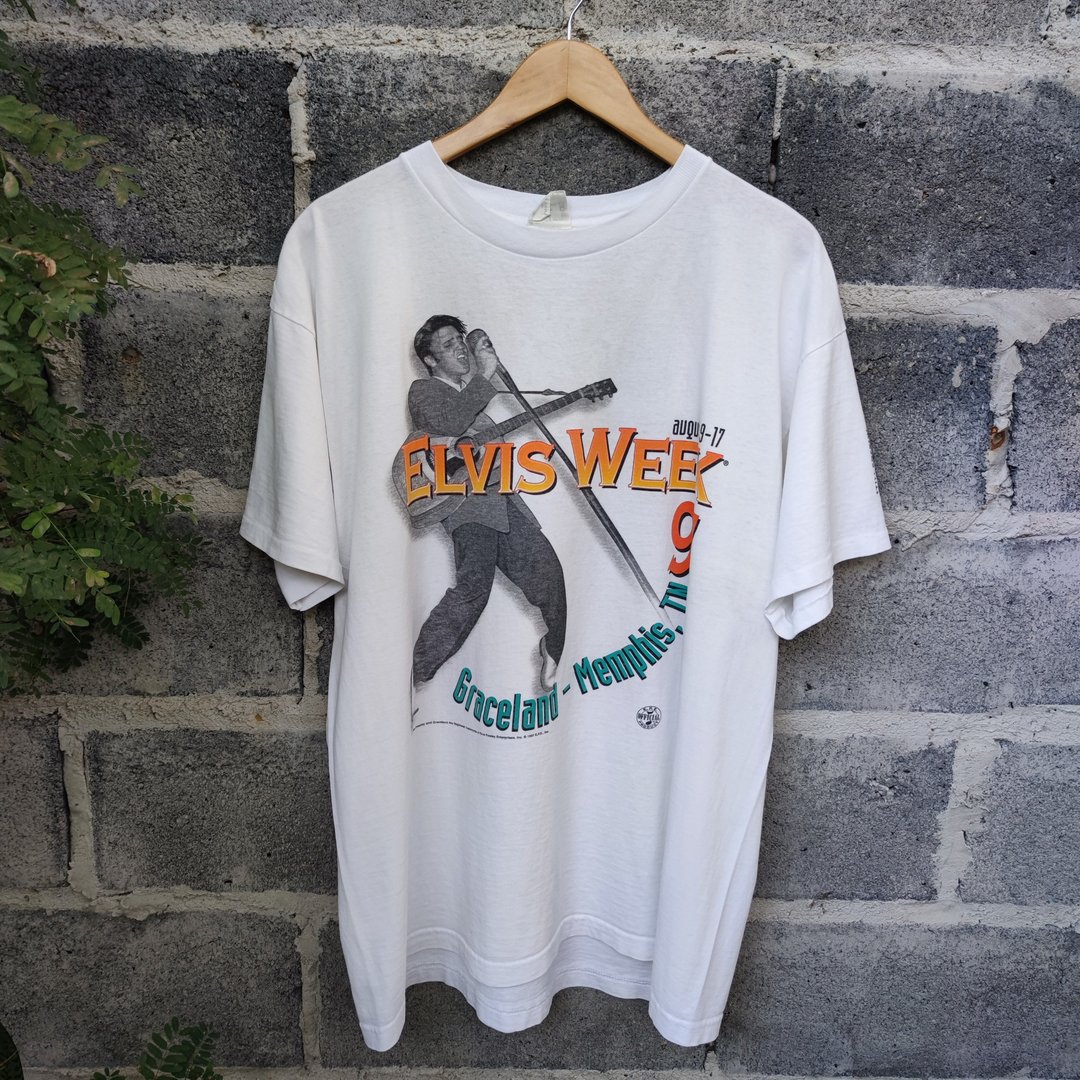 Vintage 1997 Elvis Week Graceland Memphis Rock Band T-Shirt - 男装上衣/T 恤 - 棉 白色