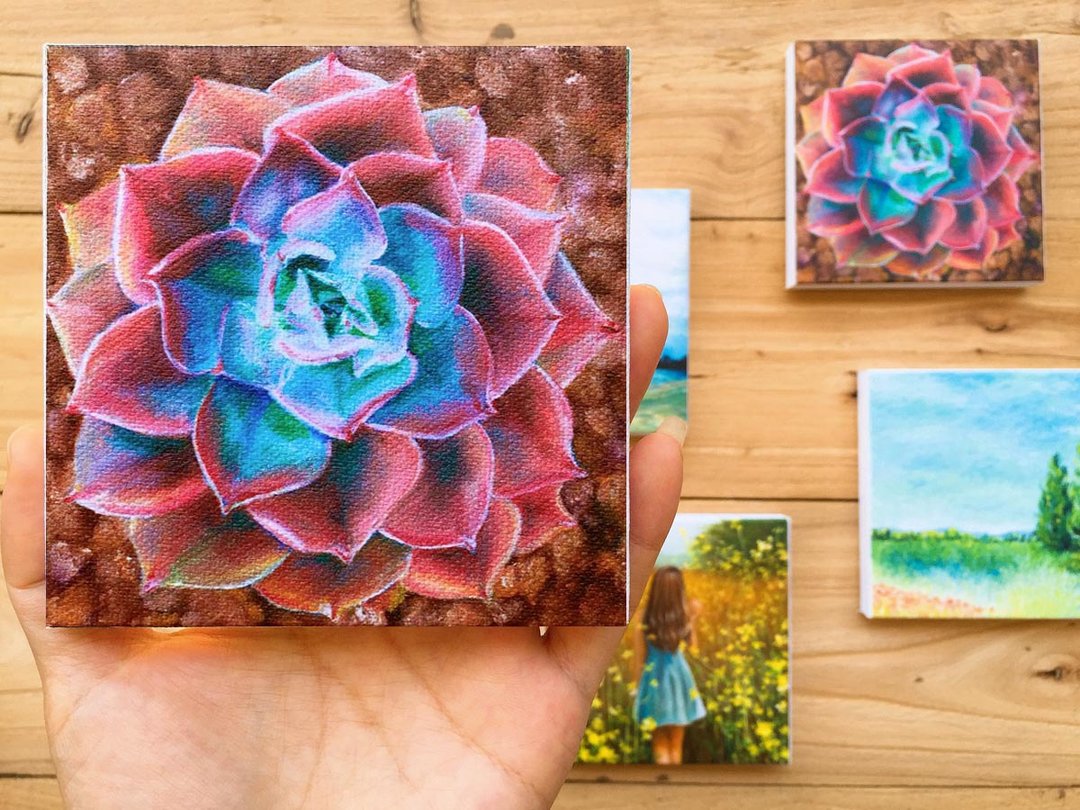 多肉植物-高仿真小型油画 限量原作版画 长生草莲花绿植 艺术微喷 - 海报/装饰画/版画 - 棉 