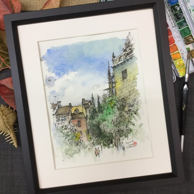 马德里街景/手绘原创/含框 - 海报/装饰画/版画 - 纸 咖啡色