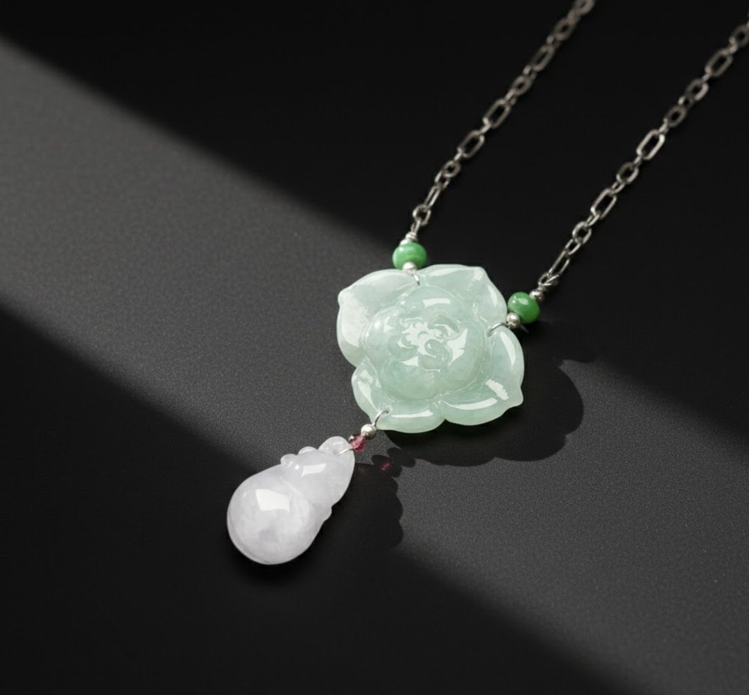 冰种翡翠莲花葫芦设计款项链 925纯银 | 天然缅甸翡翠A货 | 送礼 - 项链 - 玉石 多色