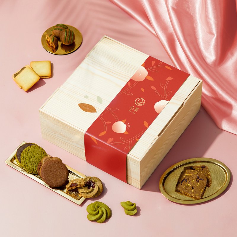 喜饼礼盒 | 茶饼x茶包 13入 | 松木精装 定制化烫金 - 手工饼干 - 新鲜食材 粉红色