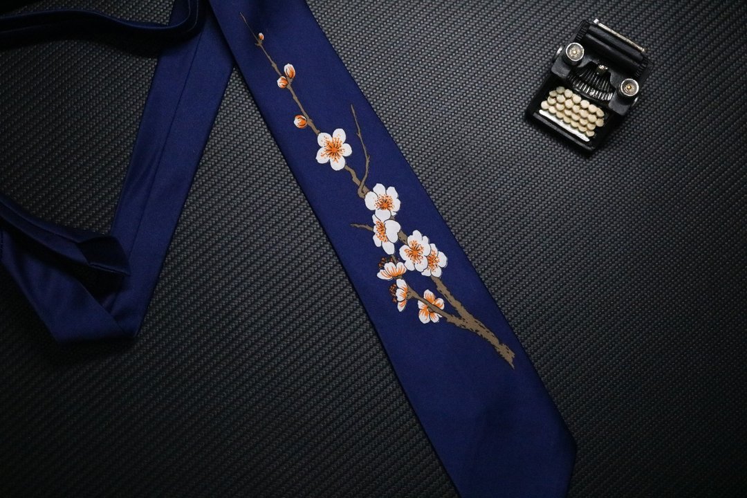 深蓝色一枝独秀领带独特剪裁花卉领带 - 领带/领带夹 - 聚酯纤维 蓝色