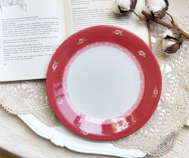 【好日恋物】荷兰vintage/antique玫瑰手绘设计师花纹陶瓷圣诞礼 - 盘子/餐盘/盘架 - 陶 红色