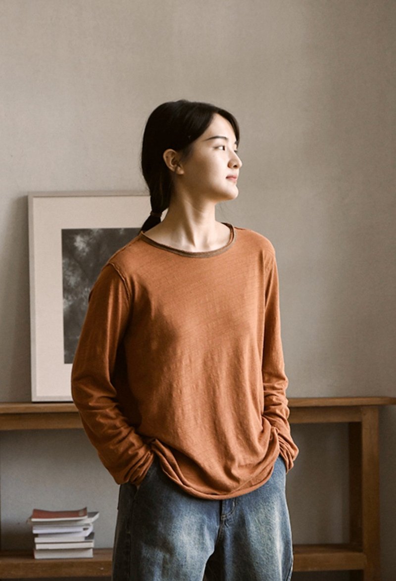 桔色 棉麻针织长袖T恤 纯色圆领百搭上衣 - 女装 T 恤 - 棉．麻 橘色