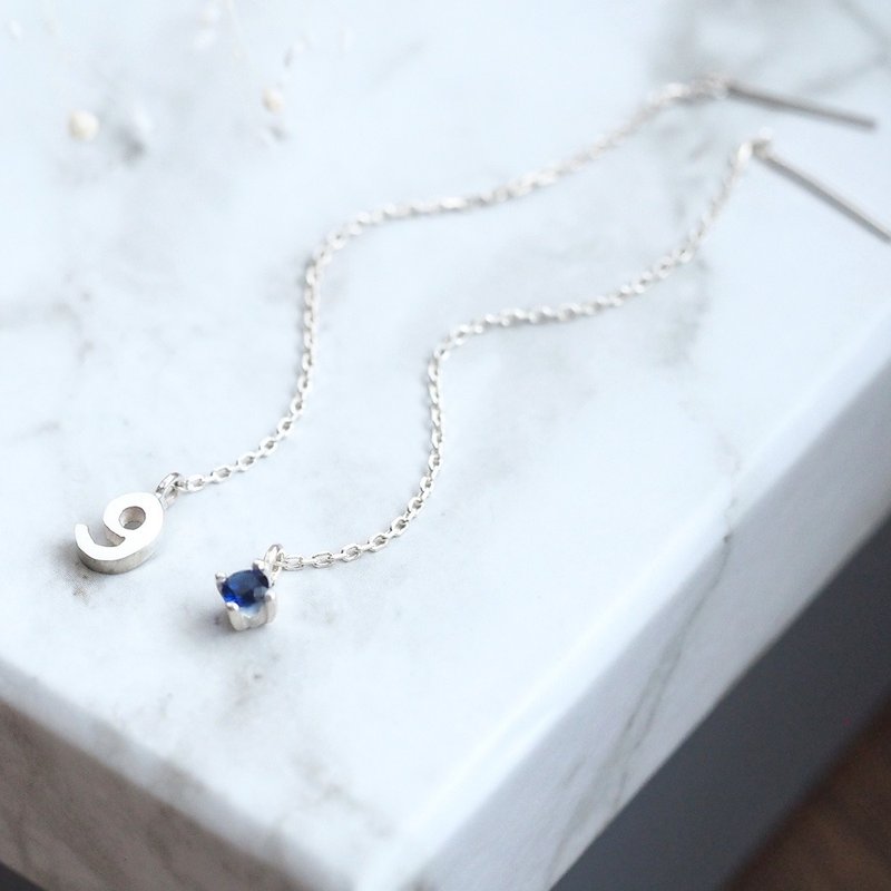 数字 & 九月诞生石 蓝宝石 链式耳环 925银 - 耳环/耳夹 - 其他金属 蓝色