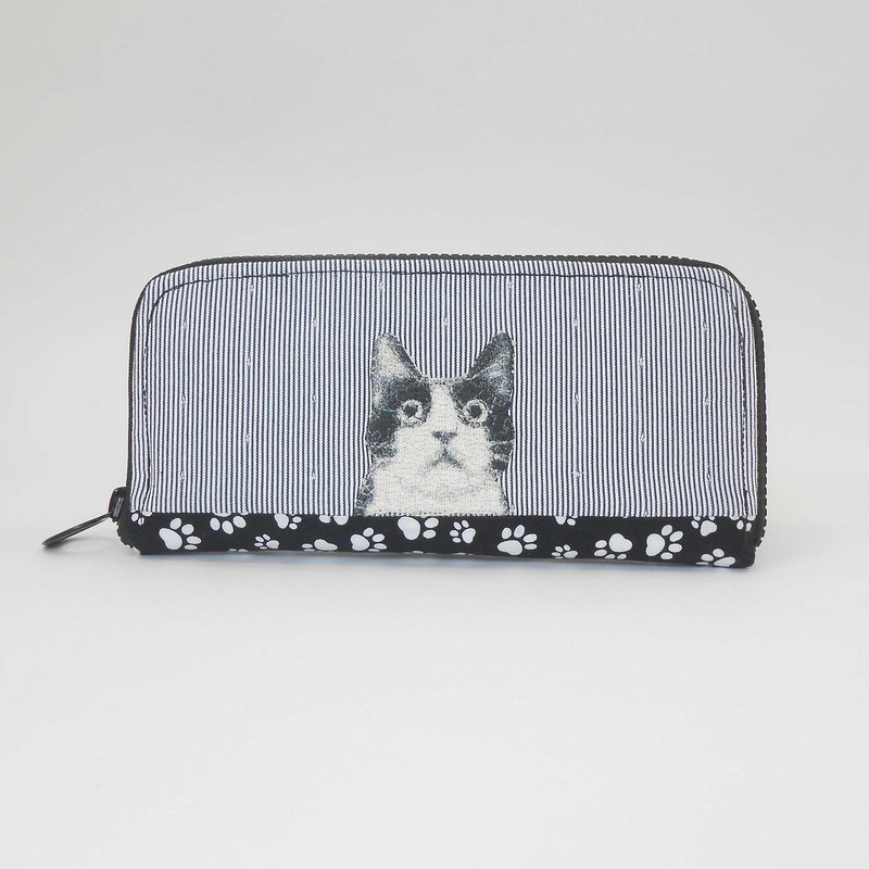 刺绣 长夹01-黑白猫 - 皮夹/钱包 - 棉．麻 黑色