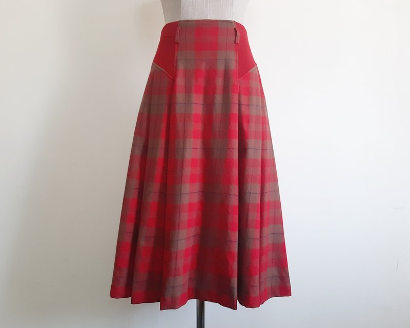 XS 小尺码复古棕红色格纹裙 女款百褶中长裙 羊毛裙 - 裙子 - 其他材质 红色
