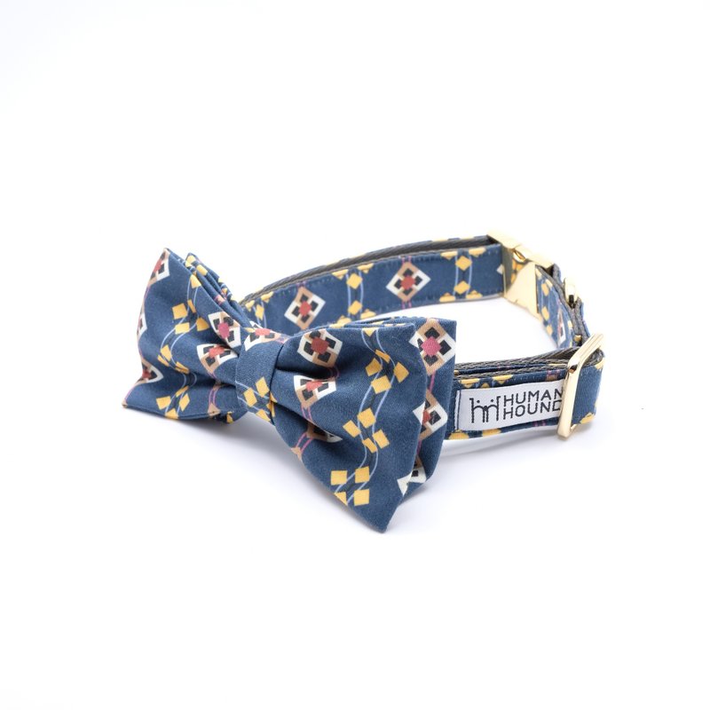 Navy/Yellow - Thai Patterns - 项圈/牵绳 - 棉．麻 多色