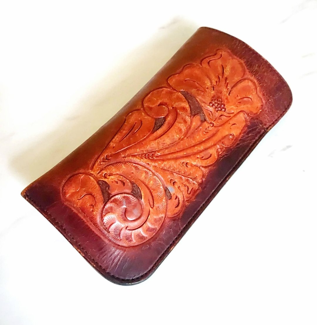 普普年代老件 1970's 墨西哥制 手工制 真牛皮革皮雕 古董眼镜盒 - 眼镜盒/眼镜布 - 真皮 咖啡色