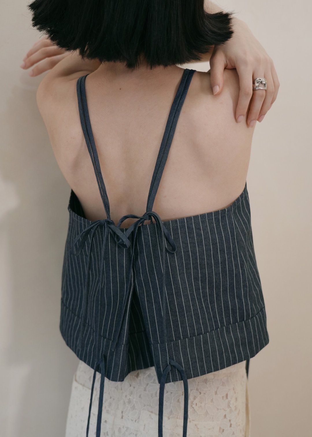 双带背心 / 蓝白条纹 - 女装背心 - 棉 蓝色