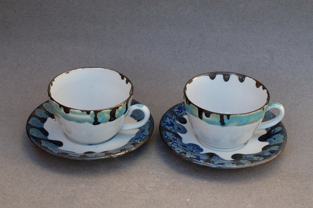 Cups and saucers Porcelain Tea Coffee Set Drip glaze Blue Crystalline Glazed La - 其他杯子 - 瓷 多色