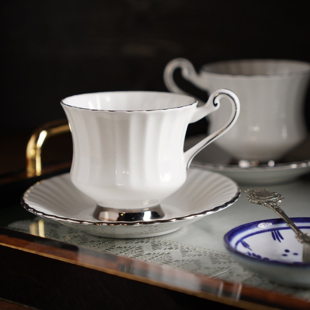 1957英国名瓷Paragon描银细骨瓷茶杯/咖啡杯组/派拉冈/精致骨瓷 - 茶具/茶杯 - 瓷 白色