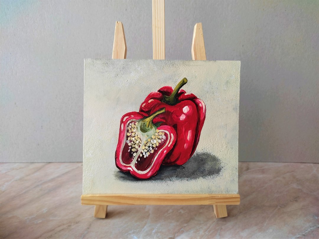 Red pepper painting, Vegetable food original painting kitchen wall art decor - 墙贴/壁贴 - 压克力 多色