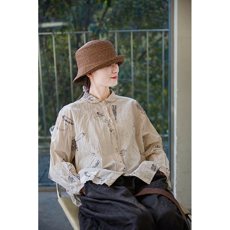 黑白棉植物印花皱感衬衫 - 女装衬衫 - 棉．麻 