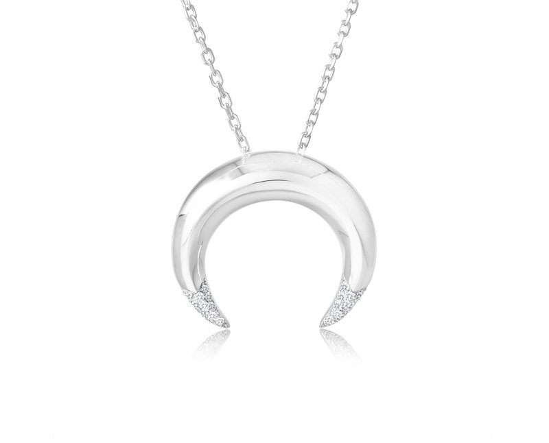 钻石925纯银月牙形吊坠 哥特式月亮项链 倒挂半月形巫婆女巫坠子 - 项链 - 纯银 白色