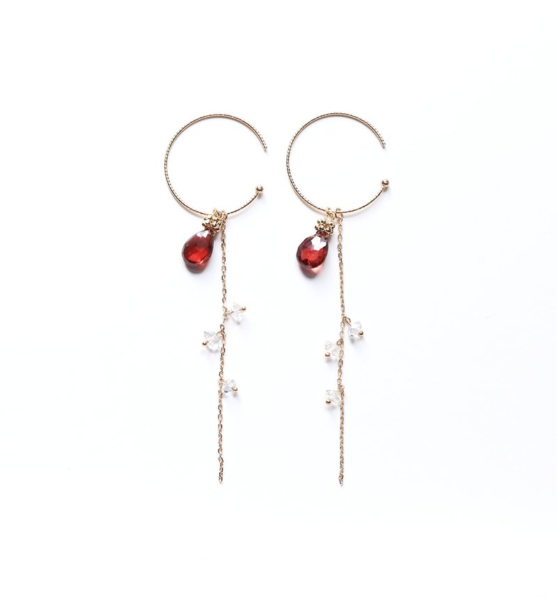 High Quality Almandine Garnet Herkimer Diamond K10 Hoop Earrings ~RADIANT MOMENTS~ - 耳环/耳夹 - 宝石 红色