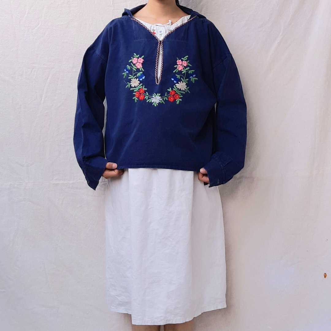 BajuTua/古着/ 美国制 厚棉手工绣花连帽上衣 - 女装上衣 - 棉 蓝色