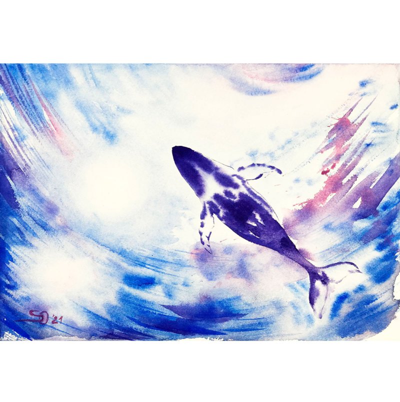 Whale Painting Ocean Original Art Hawaii Wall Art Blue Whale Artwork Watercolor - 海报/装饰画/版画 - 纸 蓝色
