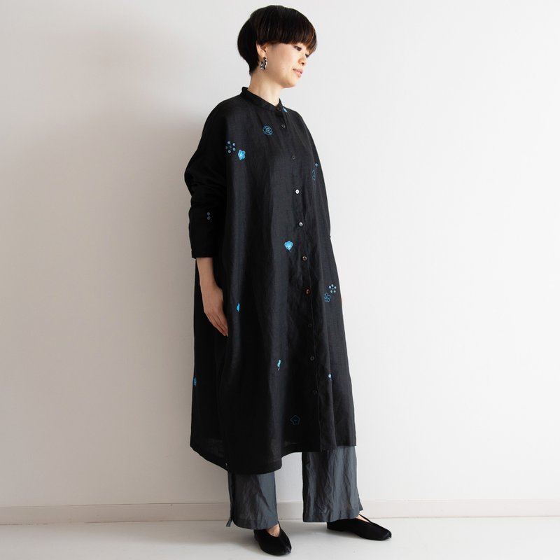 立领衬衫洋装 梅家纹 - 洋装/连衣裙 - 棉．麻 黑色