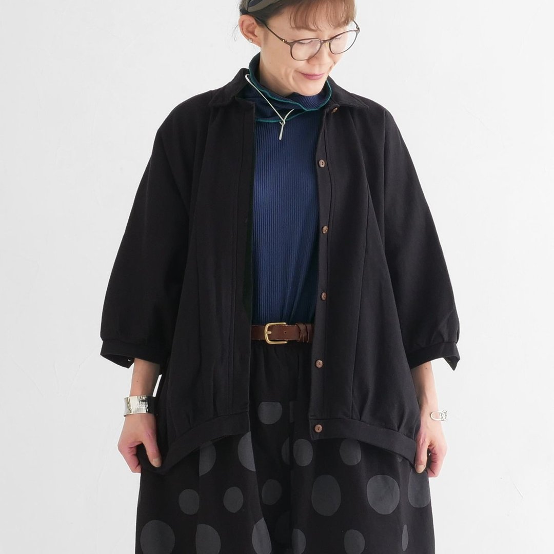 宽大剪裁・内里起绒・七分袖・蝙蝠袖风格・衬衫外套・100% 棉・黑色・d-tp503-w - 女装休闲/机能外套 - 棉．麻 黑色