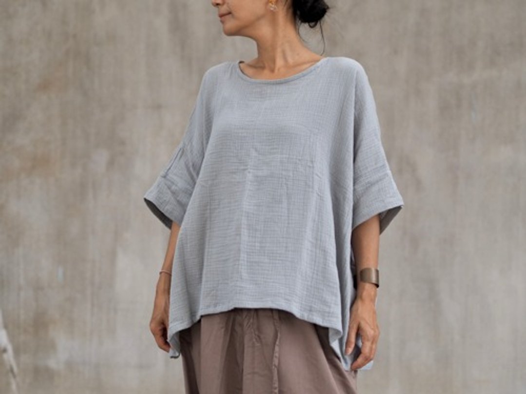 Spring/summer double gauze top/blue gray - 女装上衣 - 其他材质 灰色