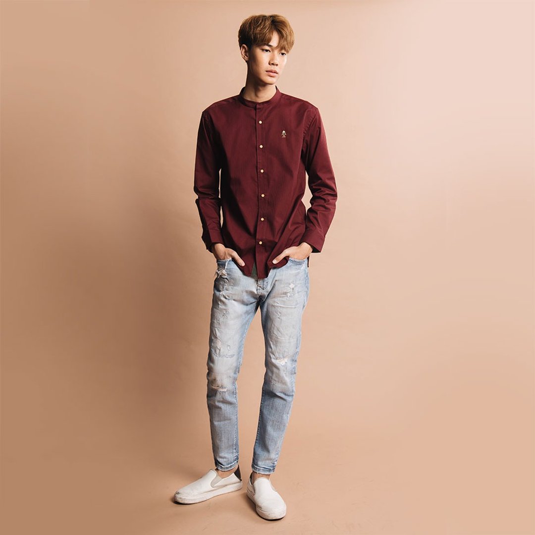 (SOLD) PINE TREE // maroon // men straight fit - 男装衬衫 - 棉 红色