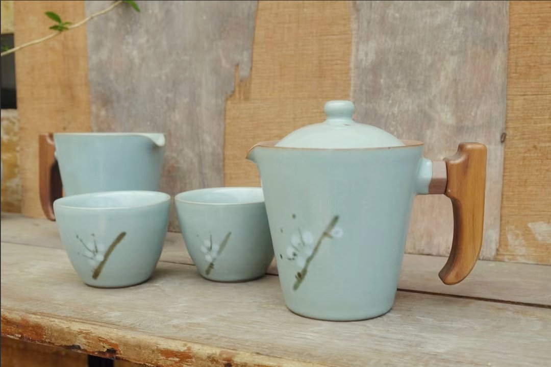 【富昌窑】青瓷汝窑简易茶具组【白梅款】－简易壶、茶海、2 只茶 - 茶具/茶杯 - 陶 白色