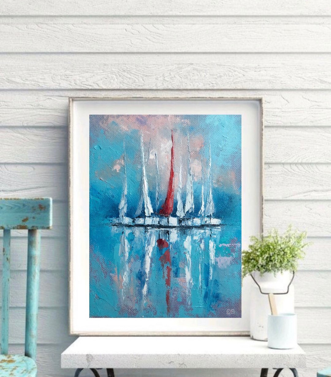 Original Sailboats Landscape Oil Painting On Canvas Blue Artwork impasto Art - 墙贴/壁贴 - 棉 多色
