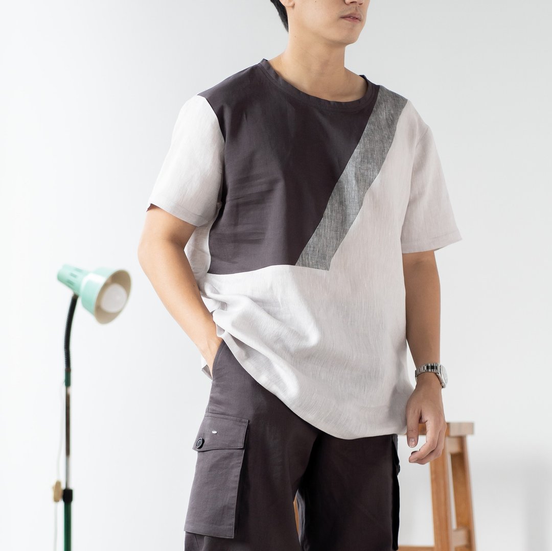 Blue &amp; J Natural Linen Crew Neck Shirt Three Colors Block- Grey/Taupe/Silver - 男装衬衫 - 亚麻 灰色
