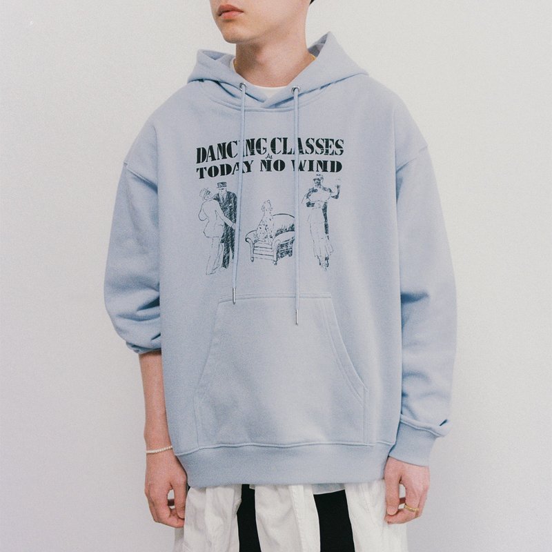 舞蹈教室做旧印花连帽卫衣 秋冬新款宽松套头 - 中性连帽卫衣/T 恤 - 棉．麻 蓝色