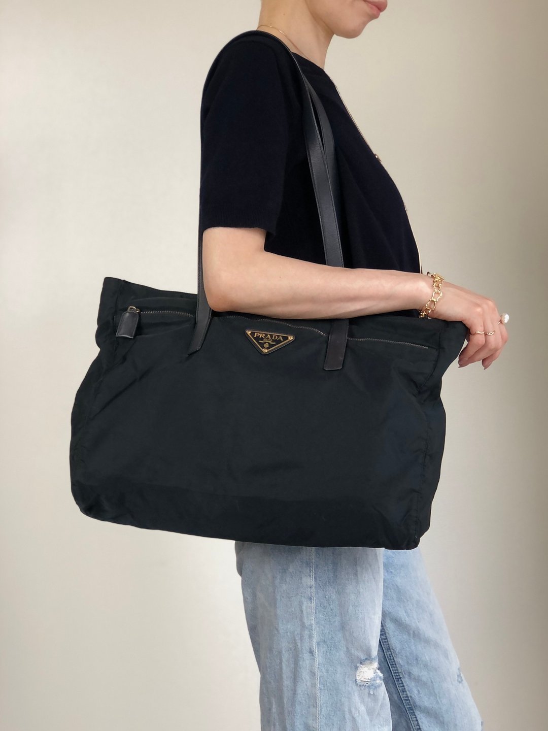 【日本直送 名牌中古包】PRADA 普拉达 托特包 黑色 三角 Logo 尼龙 vintage 古着 old nvkgms - 手提包/手提袋 - 尼龙 黑色