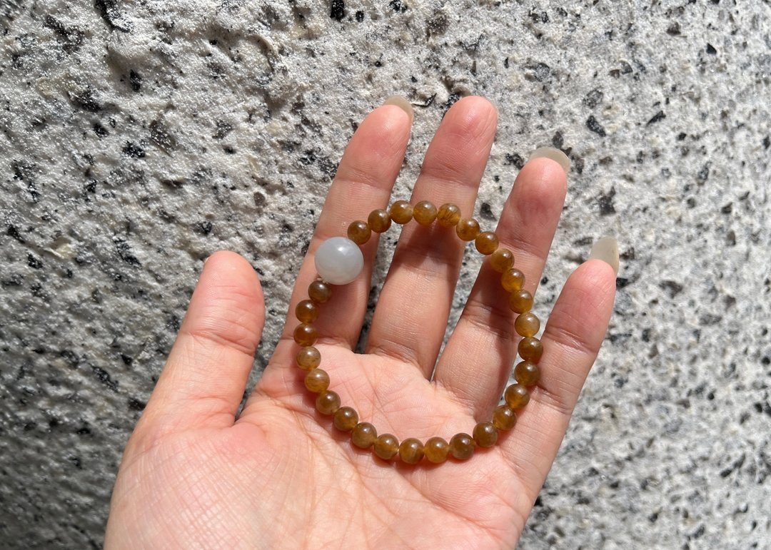 6mm天然和田玉/和阗玉-新疆浅糖玉 和田玉烟紫大珠设计单圈手串 - 手链/手环 - 玉石 咖啡色