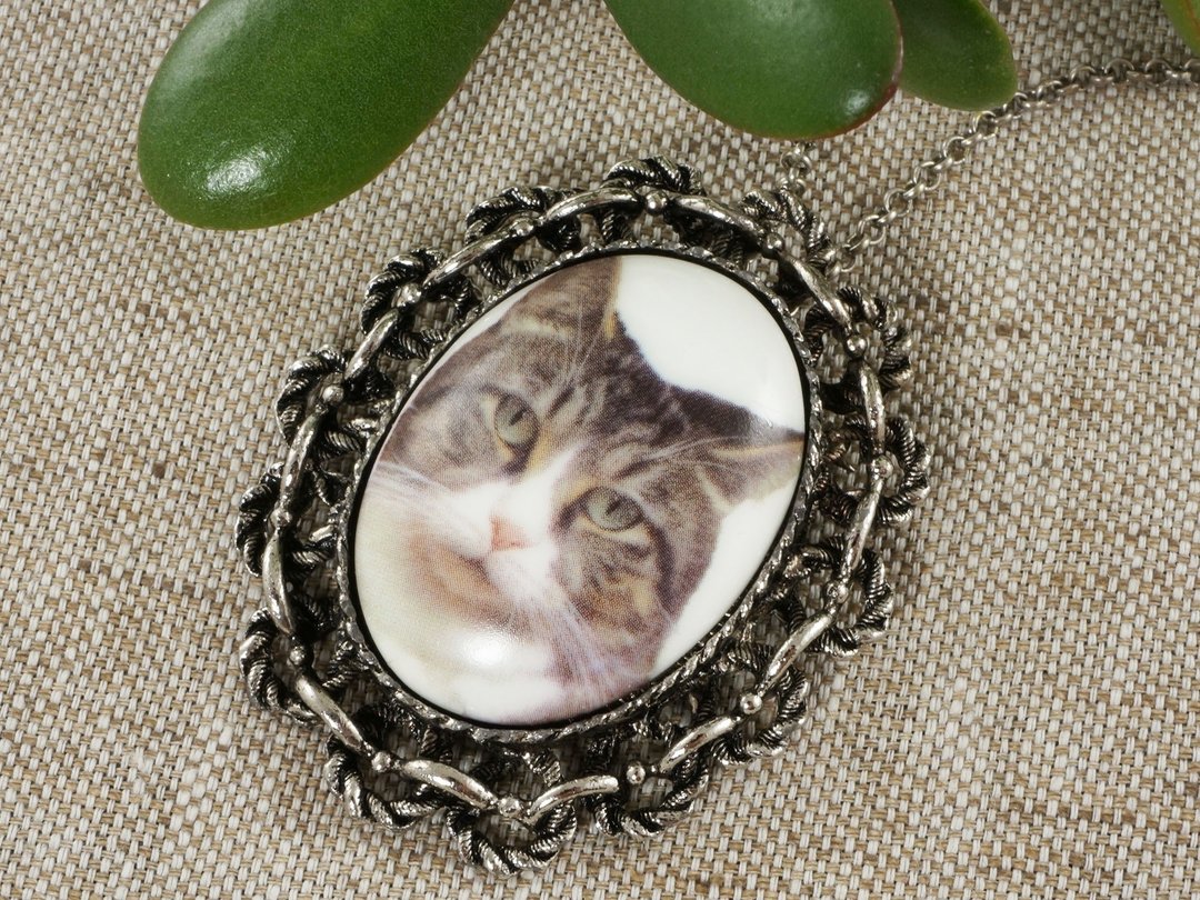 Gray Cat Porcelain Cameo Pendant and Brooch Pin Transformer Necklace Cat Jewelry - 胸针 - 瓷 灰色